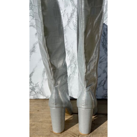 Silver Croc-Embossed Knee-High Boots With Block Heel & Side Zipper Closure size - Picture 6 of 10